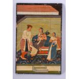 A LATE 19TH CENTURY INDIAN PERSIAN PAINTED LACQUER MINIATURE depicting musicians within interiors.