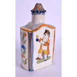 A LATE 18TH CENTURY CREAMWARE TEA CANISTER AND COVER decorated with portraits. 15 cm high.