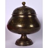 A GOOD 19TH CENTURY ISLAMIC BRONZE PEDESAL BOWL OR INCENSE BURNER, decorated with calligraphy and f