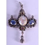 A FINE ANTIQUE GOLD SILVER RUBY PEARL AND OLD CUT DIAMOND BAROQUE PENDANT encasing two fine Ceylon