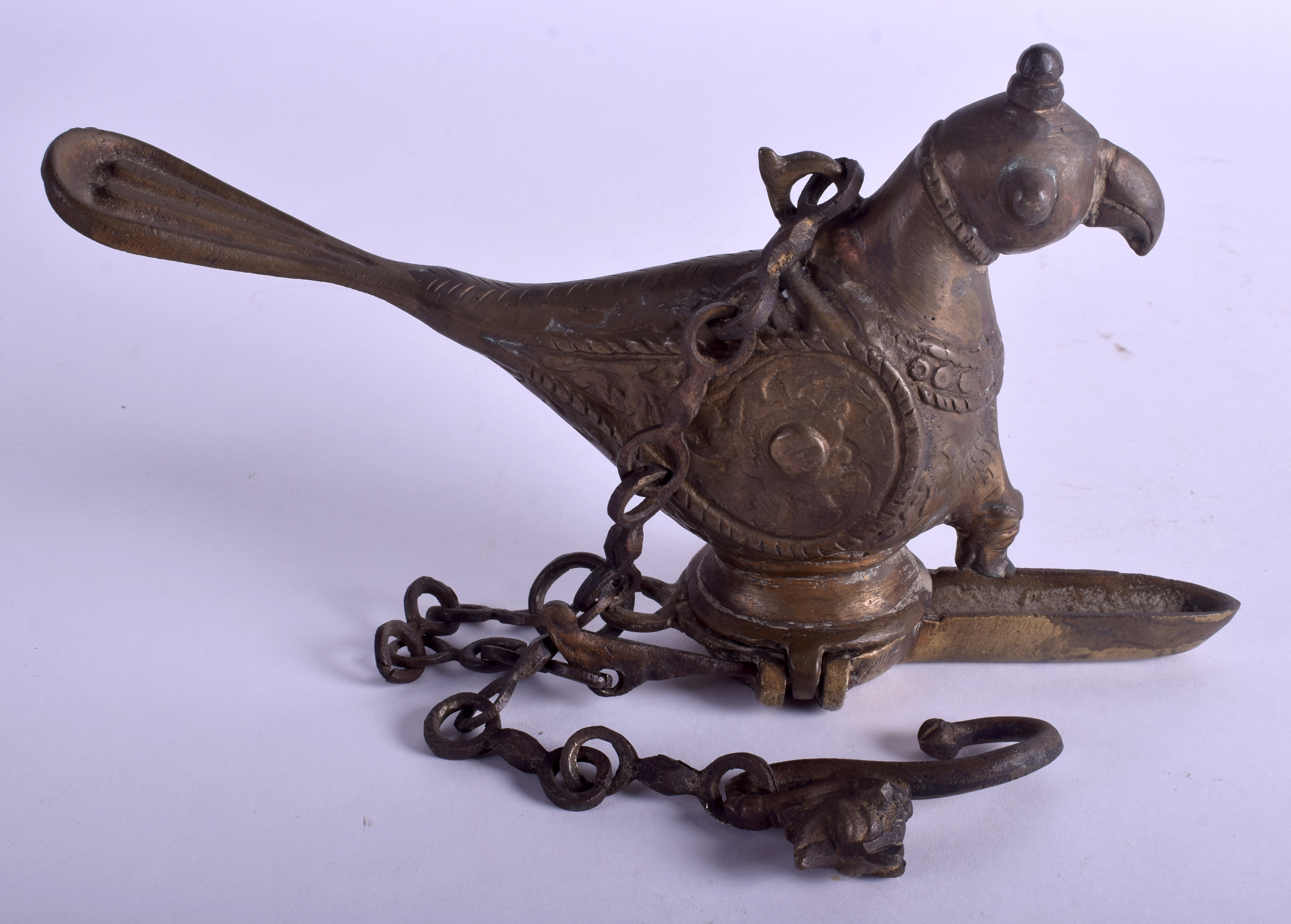 AN INDIAN BRONZE HANGING OIL LAMP formed with a bird. 22 cm x 14 cm.