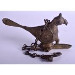 AN INDIAN BRONZE HANGING OIL LAMP formed with a bird. 22 cm x 14 cm.