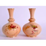 A PAIR OF ROYAL WORCESTER BLUSH IVORY VASES Shape 799/G, gilded by Harry Bright C1909. 14 cm high.