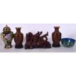 A CHINESE CARVED WOODEN FIGURE OF BUDDHA, together with a air of cloisonne vase and two others. (5)