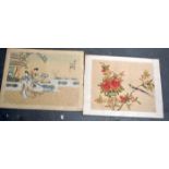 CHINESE SCHOOL (20th century) UNFRAMED PAINTING ON SILK, females in a garden, together with birds a