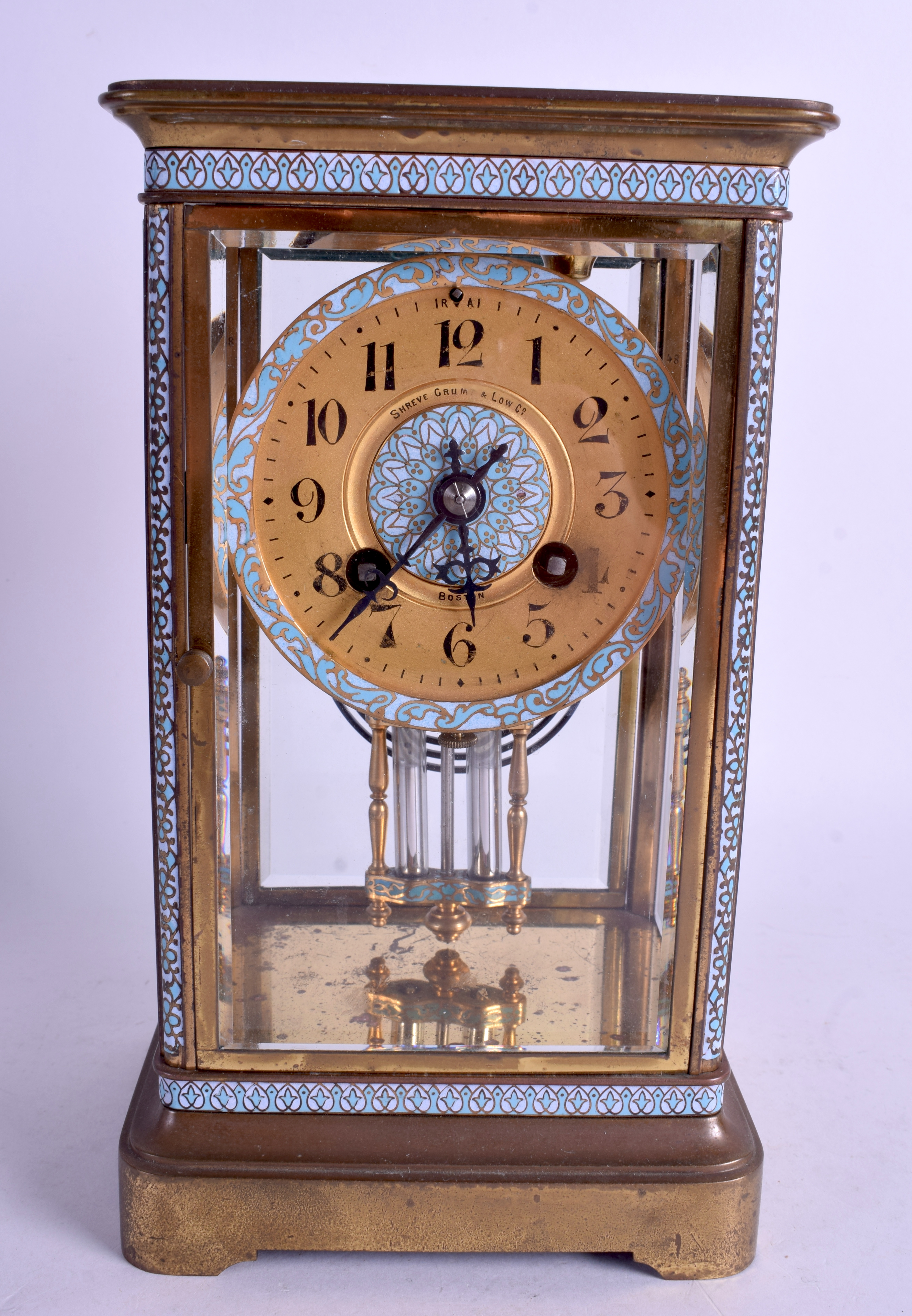 AN ANTIQUE SHREVE GRUMP & LOW CO CHAMPLEVÉ ENAMEL REGULATOR CLOCK. 23 cm x 15 cm.