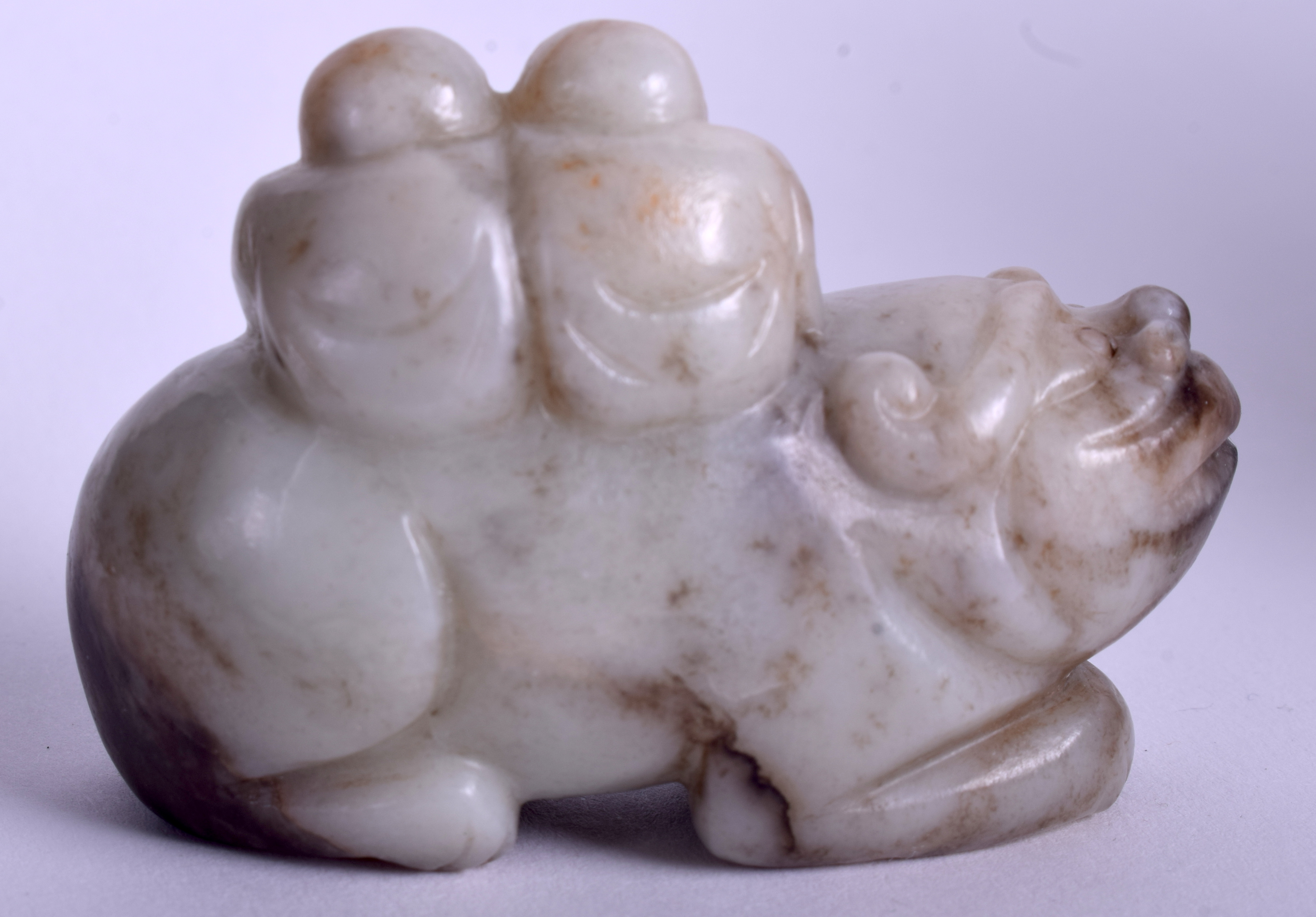 A 19TH CENTURY CHINESE CARVED MUTTON GREEN JADE BEAST modelled with two attendants on board. 6.5 cm - Image 5 of 8