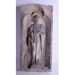 A LARGE 18TH CENTURY FRENCH CARVED TERRACOTTA RELIGIOUS SAINT PANEL modelled as a male holding a fl