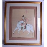 A LARGE EARLY 20TH CENTURY CHINESE FRAMED SILK WATERCOLOUR by Chen, painted with a warrior upon a h