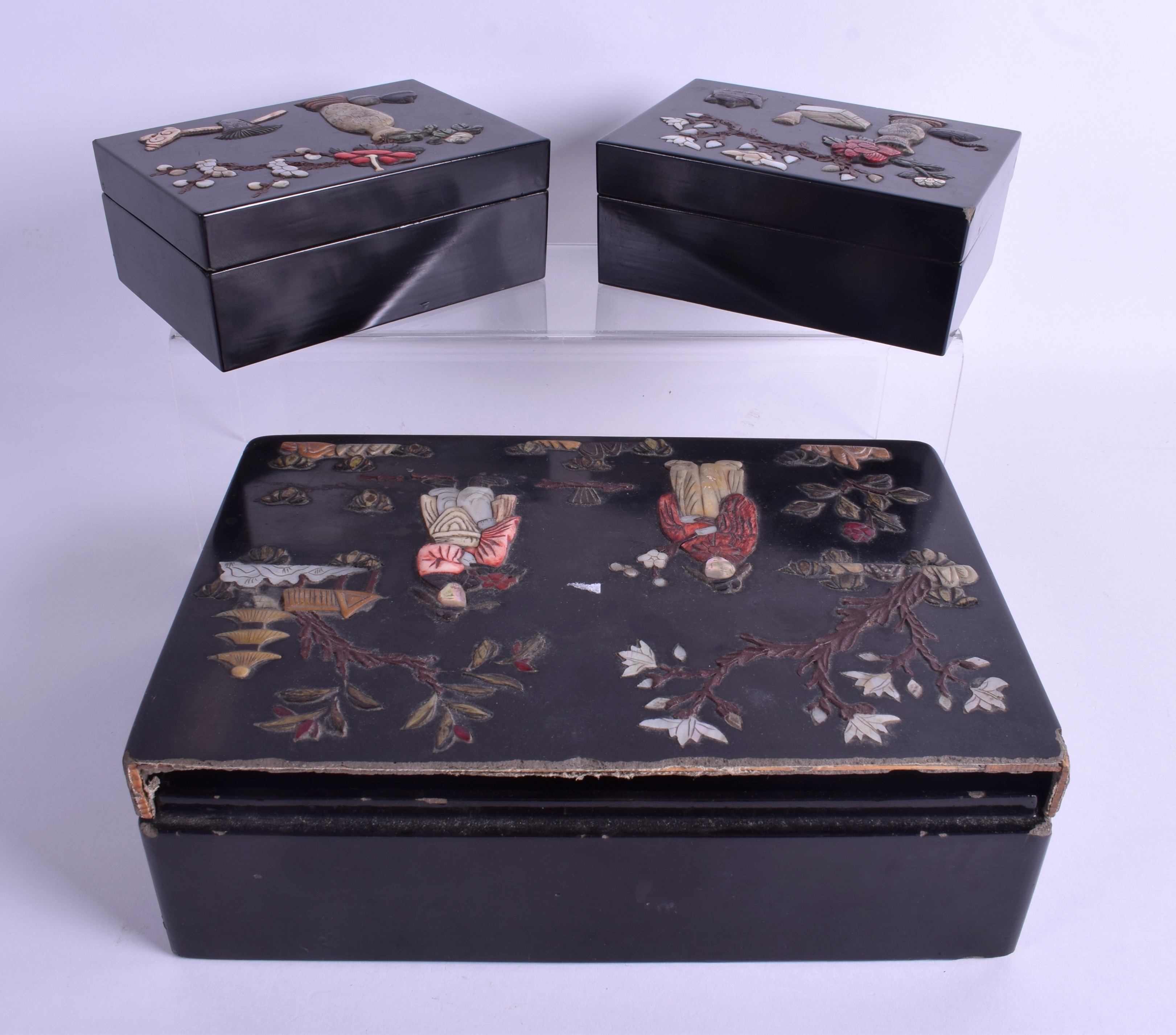 A PAIR OF EARLY 20TH CENTURY CHINESE BLACK LACQUER HARDSTONE BOXES AND COVERS together with a simil - Image 2 of 4