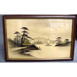 CHINESE SCHOOL (20th century) FRAMED LACQUERED PICTURE, depicting boats in a river scene. 28.5 cm x