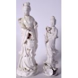 A CHINESE BLANC DE CHINE PORCELAIN FIGURINE OF GUANYIN, together with a smaller example. Largest 33