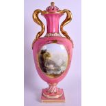 A MID 19TH CENTURY COALPORT VASE AND COVER painted with landscapes on a rose pompadour ground. 29 c