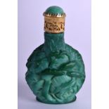A 1930S FRENCH MALACHITE GLASS SCENT BOTTLE decorated with foliage. 6.5 cm high.