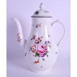 A LARGE 18TH CENTURY DERBY PORCELAIN COFFEE POT AND COVER painted with flowers. 27 cm high.