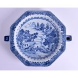 A RARE 18TH CENTURY CHINESE EXPORT BLUE AND WHITE WARMING PLATE Qianlong. 27 cm wide.