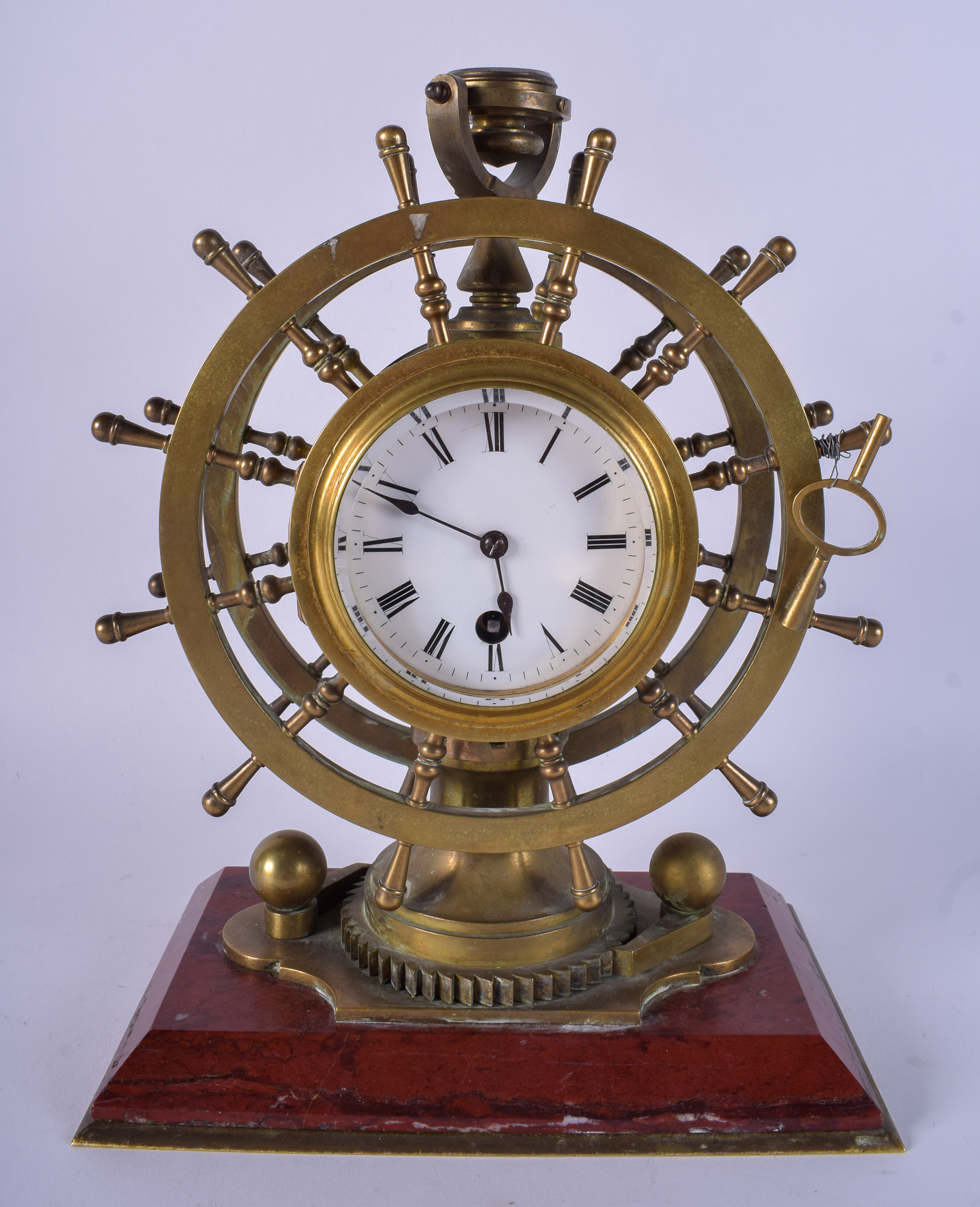 A RARE 19TH CENTURY FRENCH INDUSTRIAL SHIPS WHEEL BRONZE CLOCK with twin dials, silvered compass an