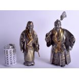 A PAIR OF JAPANESE TAISHO PERIOD SILVERED BRASS FIGURES modelled holding utensils within their arms