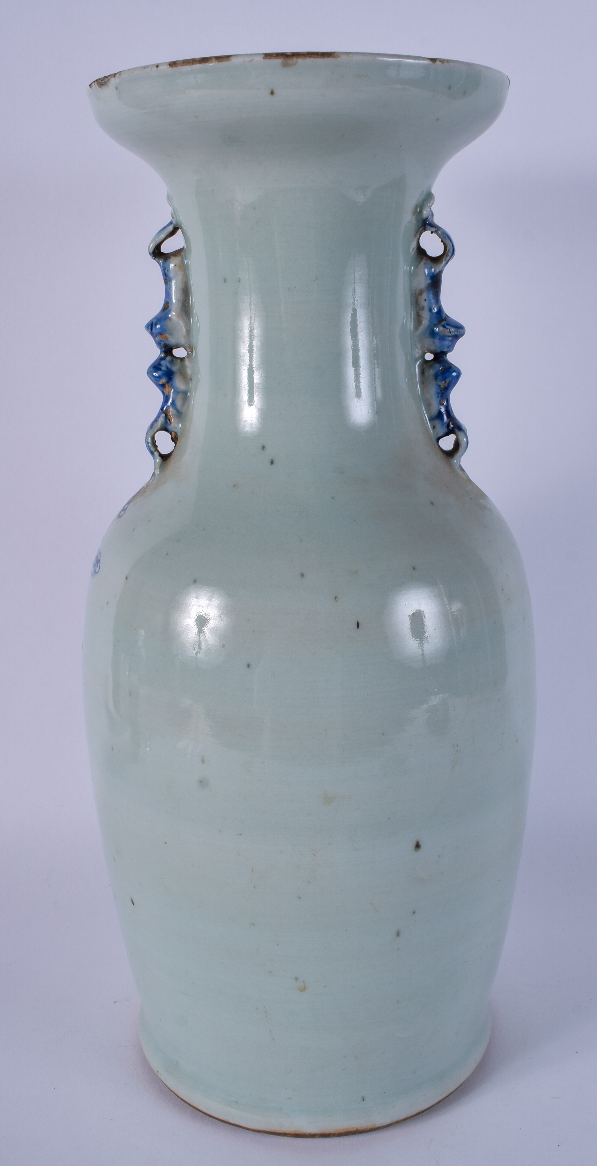 A LARGE 19TH CENTURY CHINESE TWIN HANDLED CELADON VASE Qing, painted with Buddhistic lions. 44 cm x - Image 2 of 7