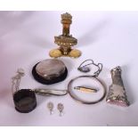 A SILVER BANGLE, together with two fruit knives, compact etc. (qty)
