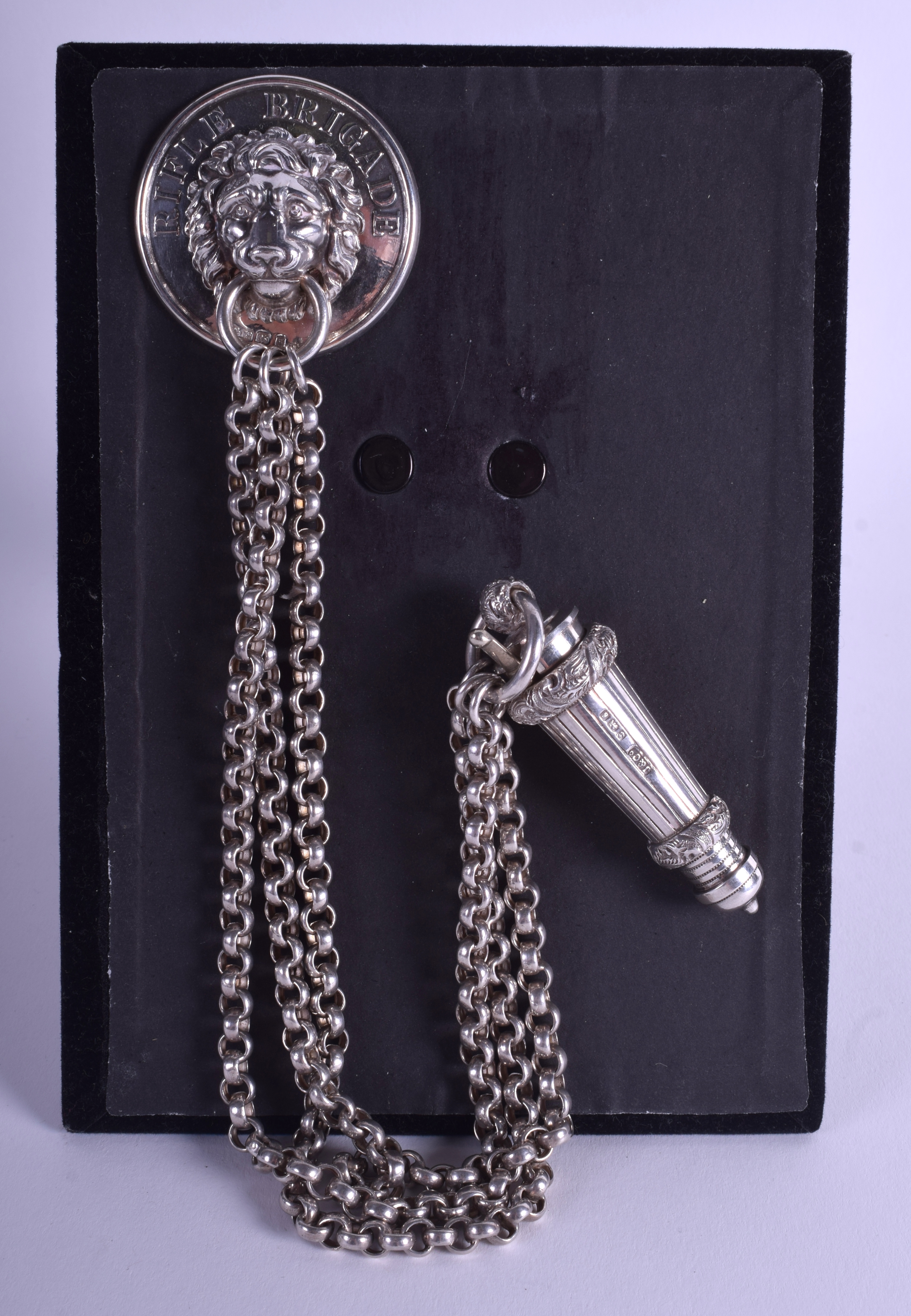 A RARE EDWARDIAN SILVER RIFLE BRIGADE OFFICERS WHISTLE William IV design, with lion mask plate, Jos