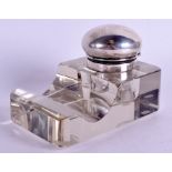A CONTINENTAL SILVER AND CRYSTAL GLASS INKWELL. 13 cm x 8 cm.