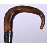 AN EARLY 20TH CENTURY RHINOCEROS HORN HANDLED WALKING CANE, formed with a silver collar and bamboo