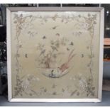 A HUGE EARLY 20TH CENTURY JAPANESE MEIJI PERIOD FRAMED SILK PANEL depicting birds and serpents with