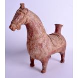 A PERSIAN POTTERY FIGURE OF A STANDING HORSE decorated with motifs. 26 cm x 26 cm.