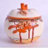 AN ART DECO CLARICE CLIFF PRESERVE JAR AND COVER painted with Orange trees. 9 cm wide.