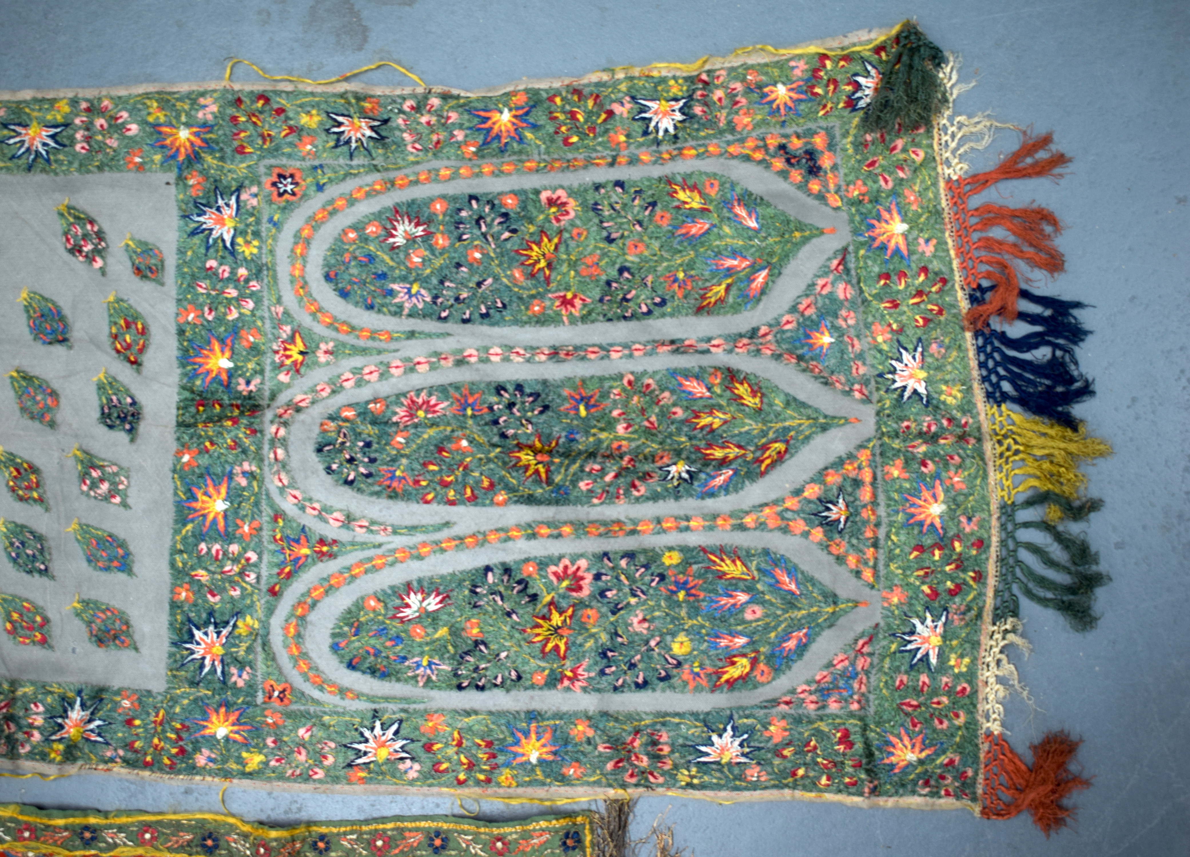 TWO 19TH CENTURY KASHMIRI SILK EMBROIDERED SHAWLS decorated with foliage. (2) - Image 7 of 8