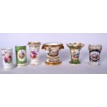 A SPODE PORCELAIN URN ON STAND, together with a group of spill vases etc. (qty)