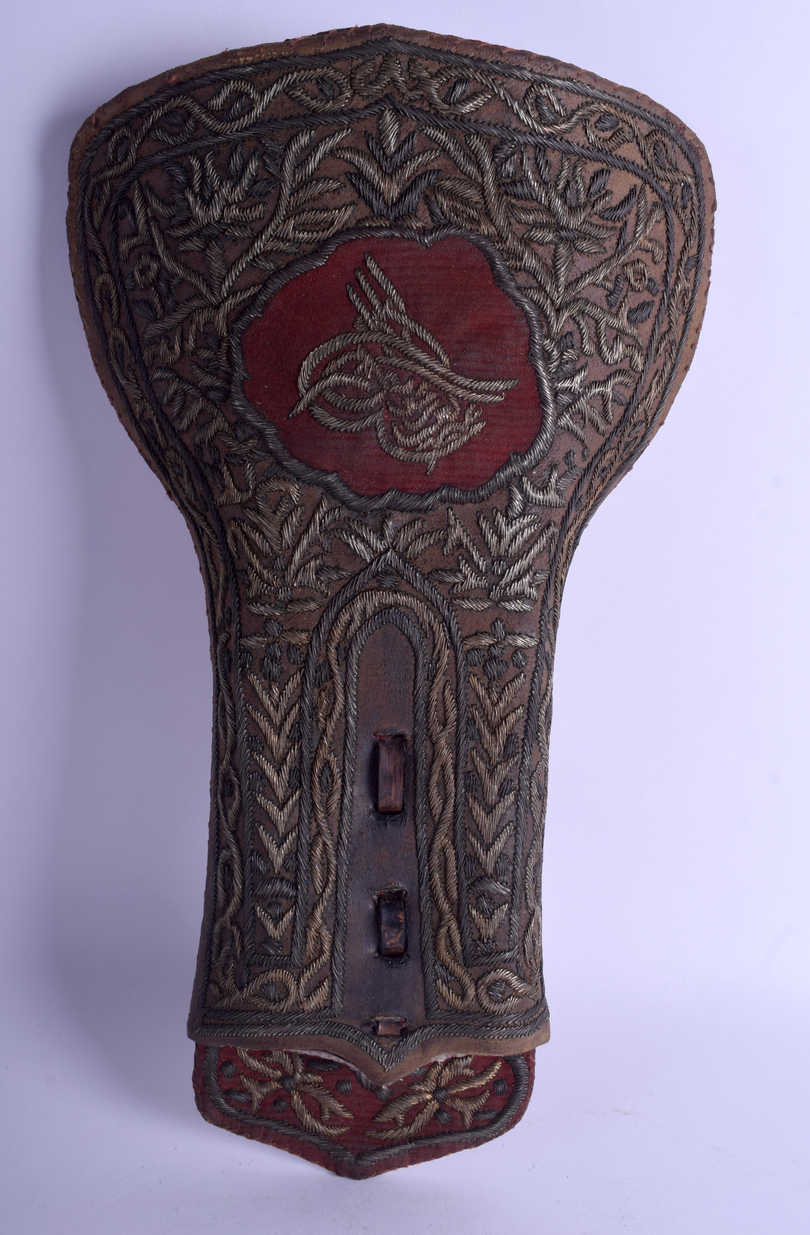 A RARE ANTIQUE OTTOMAN TURKISH DOUBLE PISTOL CARRIER decorated with foliage. 40 cm x 20 cm.