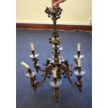 A GOOD LARGE MID 19TH CENTURY ENGLISH BRONZE SIX BRANCH CHANDELIER decorated with scrolls and putti