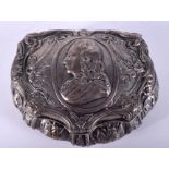 AN EARLY 19TH CENTURY CONTINENTAL SILVER SNUFF BOX decorated with a portrait. 8 cm x 5.5 cm.