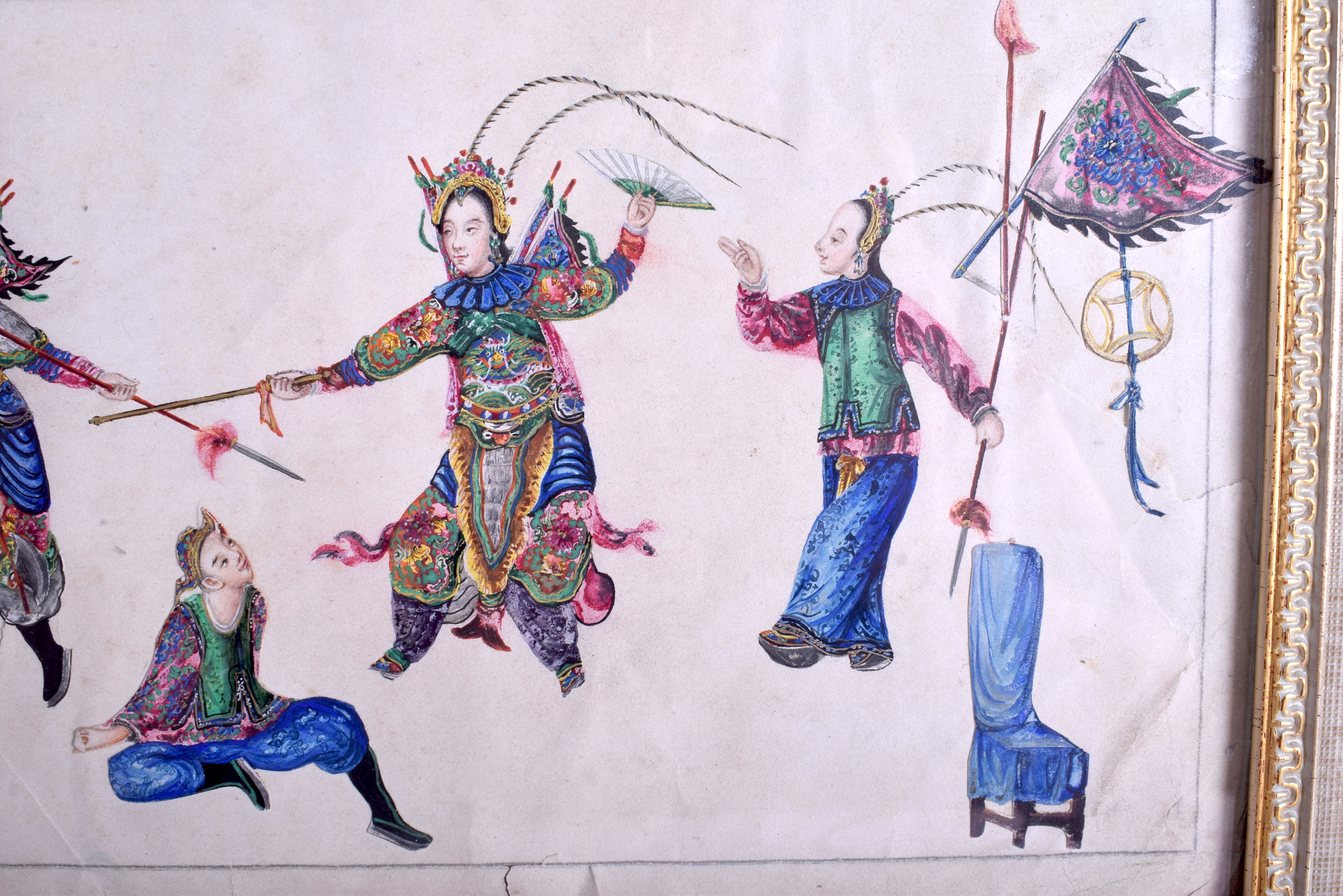 A FINE 19TH CENTURY CHINESE PITH PAPER WATERCOLOUR Qing, painted with six figures dancing. Image 30 - Image 4 of 5