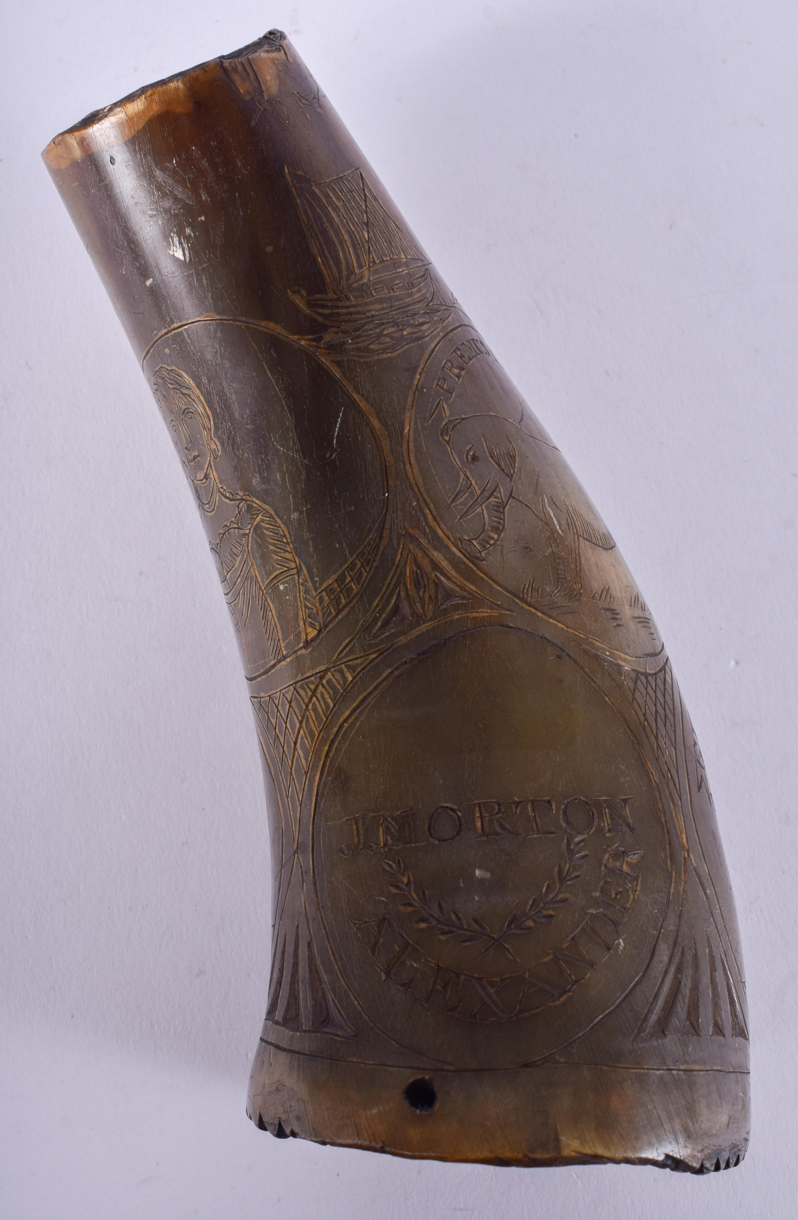 AN EARLY 19TH CENTURY CARVED HORN MOSAIC SCRIMSHAW. 17 cm high.