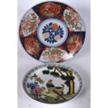 A CHINESE PORCELAIN DISH DECORATED WITH BIRDS, together with an imari charger. Largest 37 cm wide.