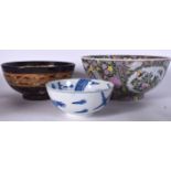 A CHINESE BLUE AND WHITE PORCELAIN BOWL, together with a large famille rose example and another pot