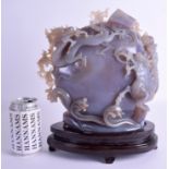 A RARE LARGE EARLY 20TH CENTURY CHINESE CARVED AGATE BOULDER overlaid with Buddhistic lions and dra