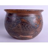 AN UNUSUAL 19TH CENTURY ARTS AND CRAFTS STONEWARE POTTERY BOWL Antiquity style, painted with fish a