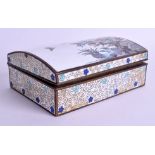 A 1920S JAPANESE CLOISONNE ENAMEL DOMED CASKET decorated with birds amongst foliage. 14 cm x 11 cm.