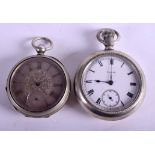 AN ANTIQUE JOHN FOREST STYLE SILVER WATCH together with an Elgin watch. 5 cm & 5.25 cm diameter. (2