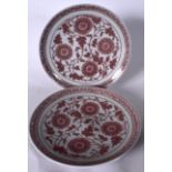 A PAIR OF 20TH CENTURY CHINESE MING STYLE PORCELAIN DISH, painted with iron red foliage. 32 cm wid
