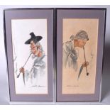 HOE WON (Korean) FRAMED PAIR WATERCOLOUR, portraits of a couple smoking opium. 24.5 cm x 11 cm.