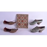 A PAIR OF ANTIQUE INDIAN EASTERN LEATHER SLIPPERS together with a pair of Iznik riding boots & a Gr