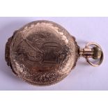 AN ANTIQUE YELLOW METAL FULL HUNTER POCKET WATCH decorated with figures. 123.9 grams overall. 5.25