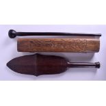 AN EARLY 20TH CENTURY AFRICAN TRIBAL SHORT WAR CLUB together with a nut box & a small knobkerrie. L
