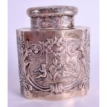 AN ANTIQUE SILVER TEA CADDY AND COVER decorated with classical musicians. 5.5 oz. 11 cm x 9 cm.