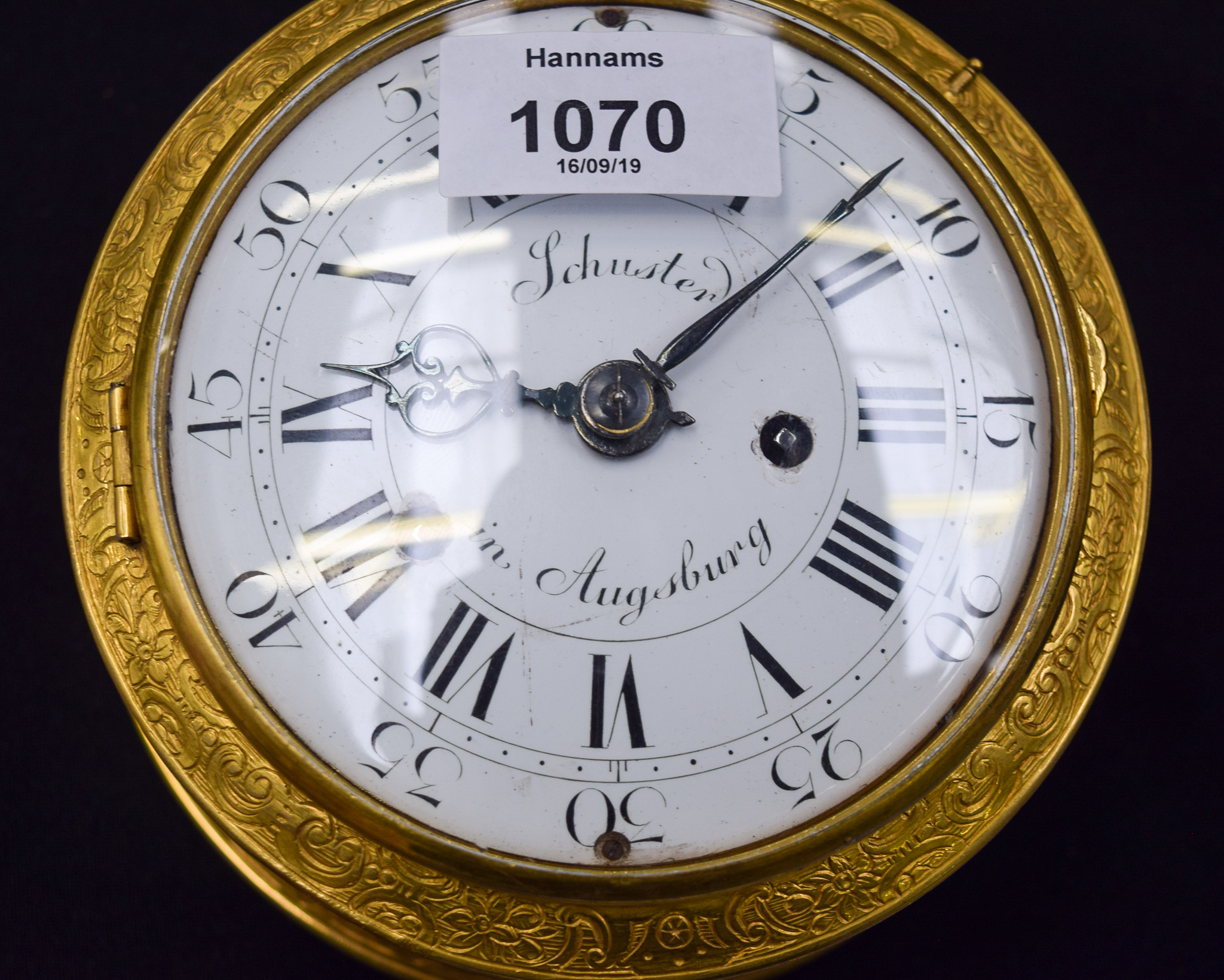 A RARE ANTIQUE GERMAN AUGSBURG GILT METAL STRIKING HORIZONTAL TABLE CLOCK by Schuster, the case dec - Image 6 of 18